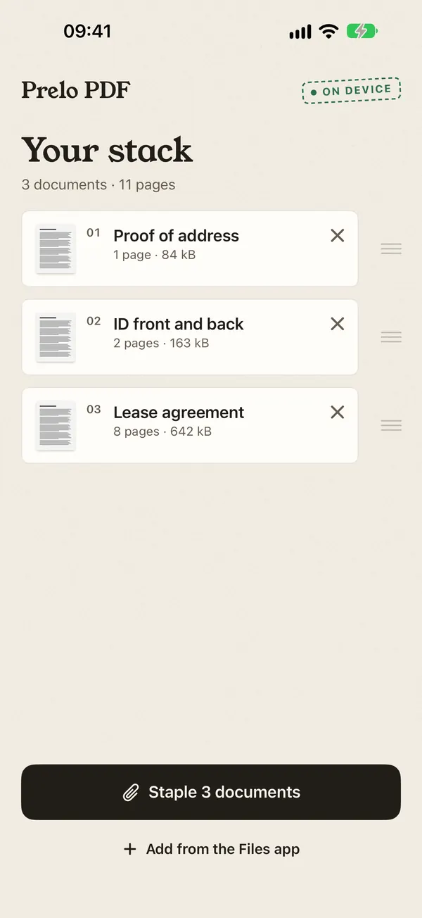 Stack of three documents with the Staple 3 documents button