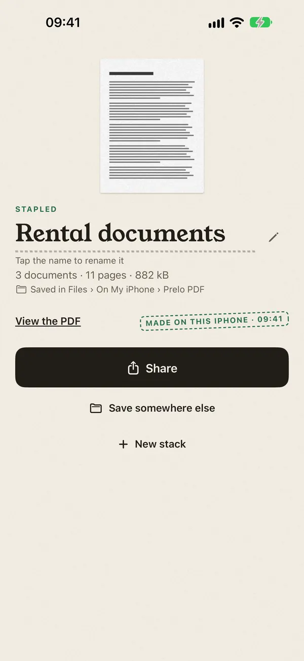 Stapled PDF saved in Files, with the Share button