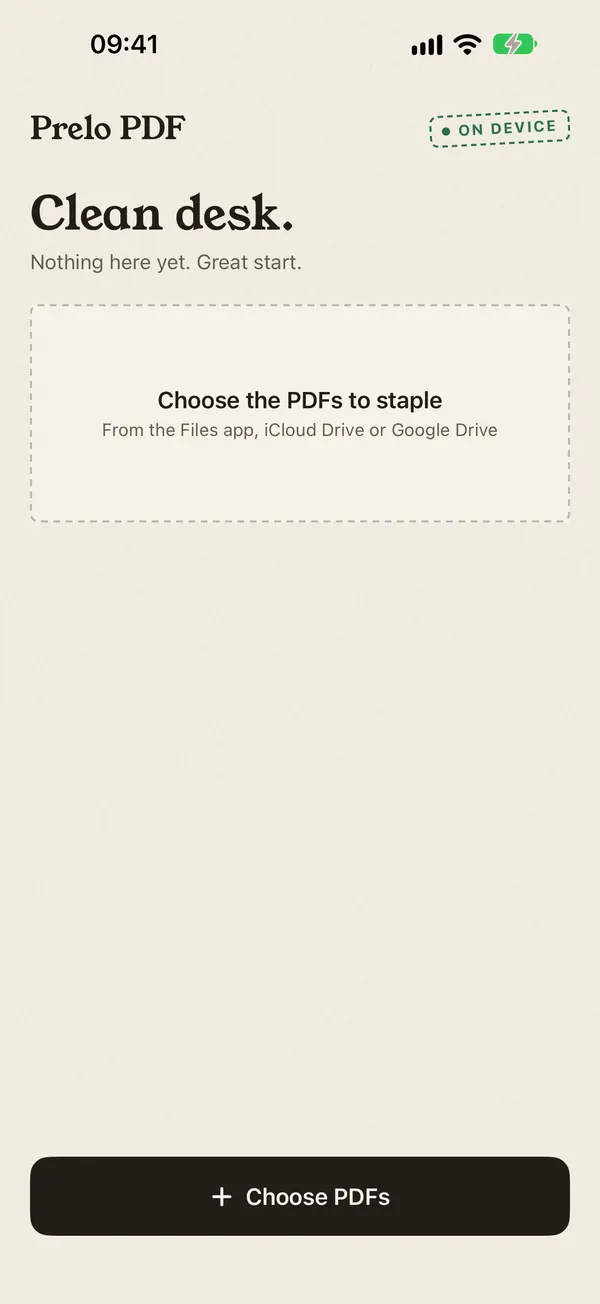 Prelo PDF start screen with the Choose PDFs button