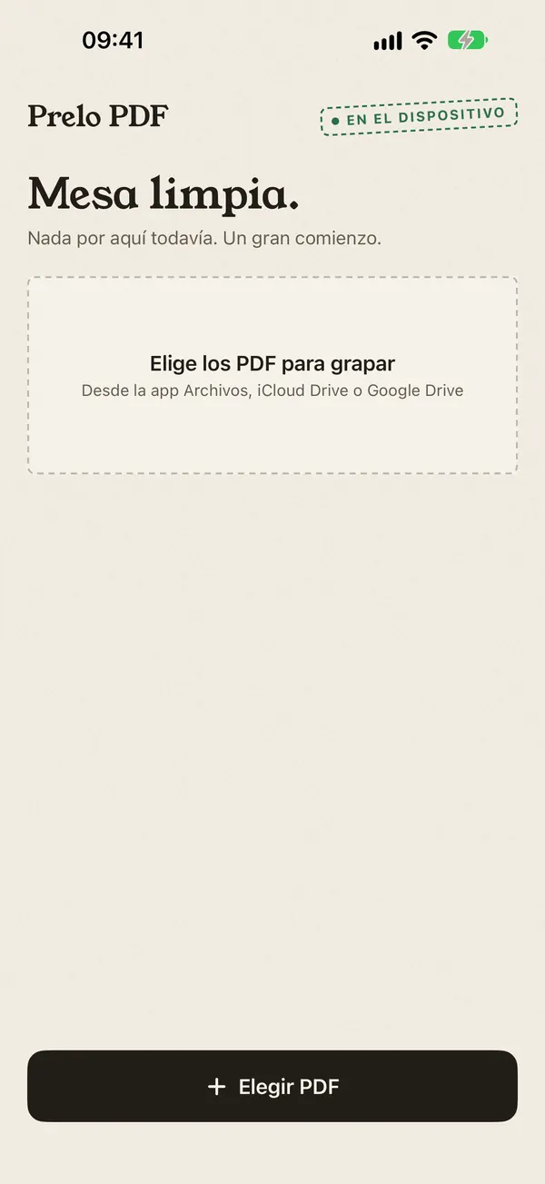 Pantalla inicial de Prelo PDF con el botón Elegir PDF