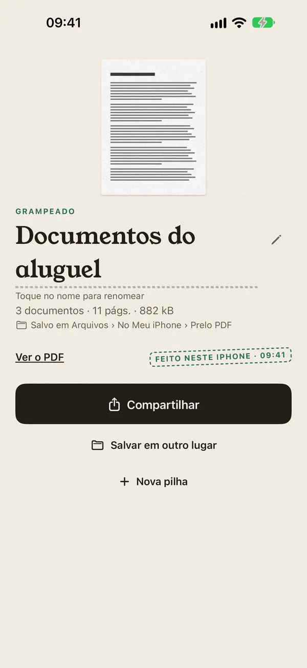 PDF grampeado, salvo em Arquivos, com o botão Compartilhar