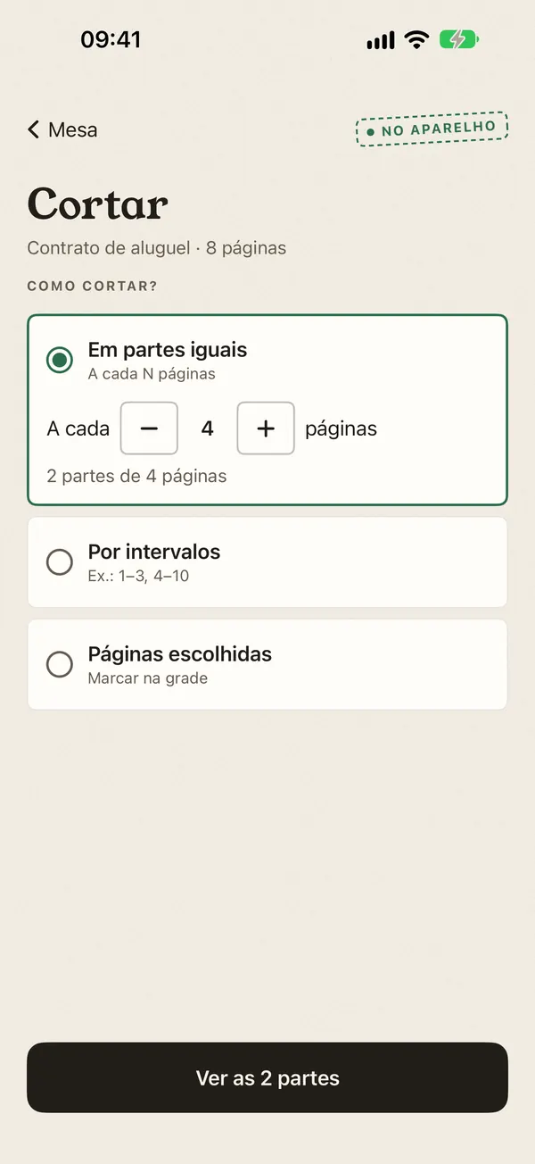 Tela Cortar com a opção de partes iguais